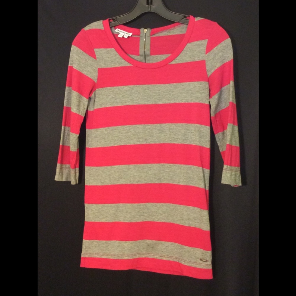 Lacoste Pink and Grey Stripe Tee